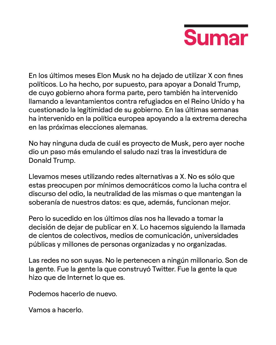 Carta de Sumar para abandonar X