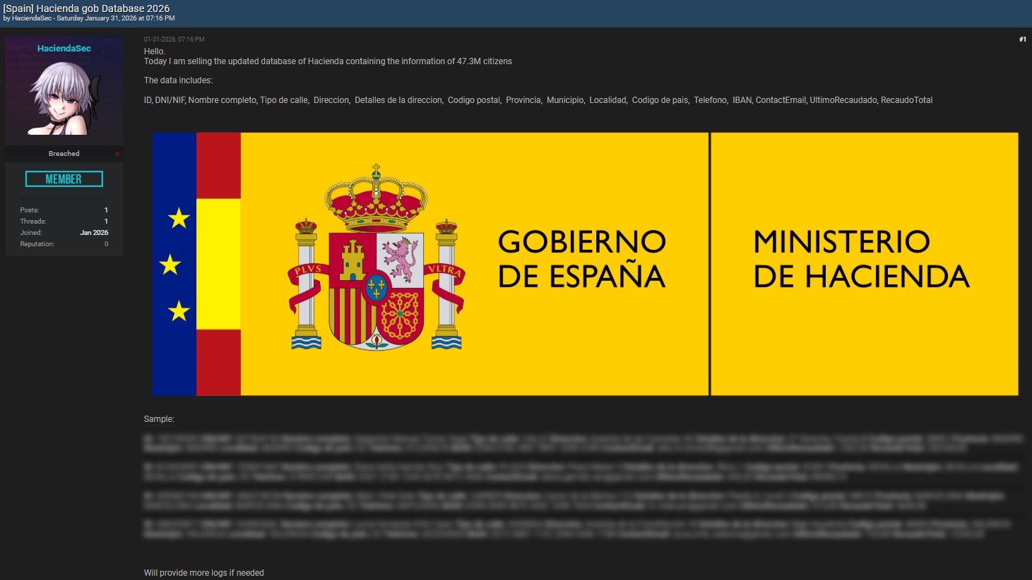 Grave brecha de seguridad en el Ministerio de Hacienda expone datos sensibles de 47,3 Millones de ciudadanos Españoles