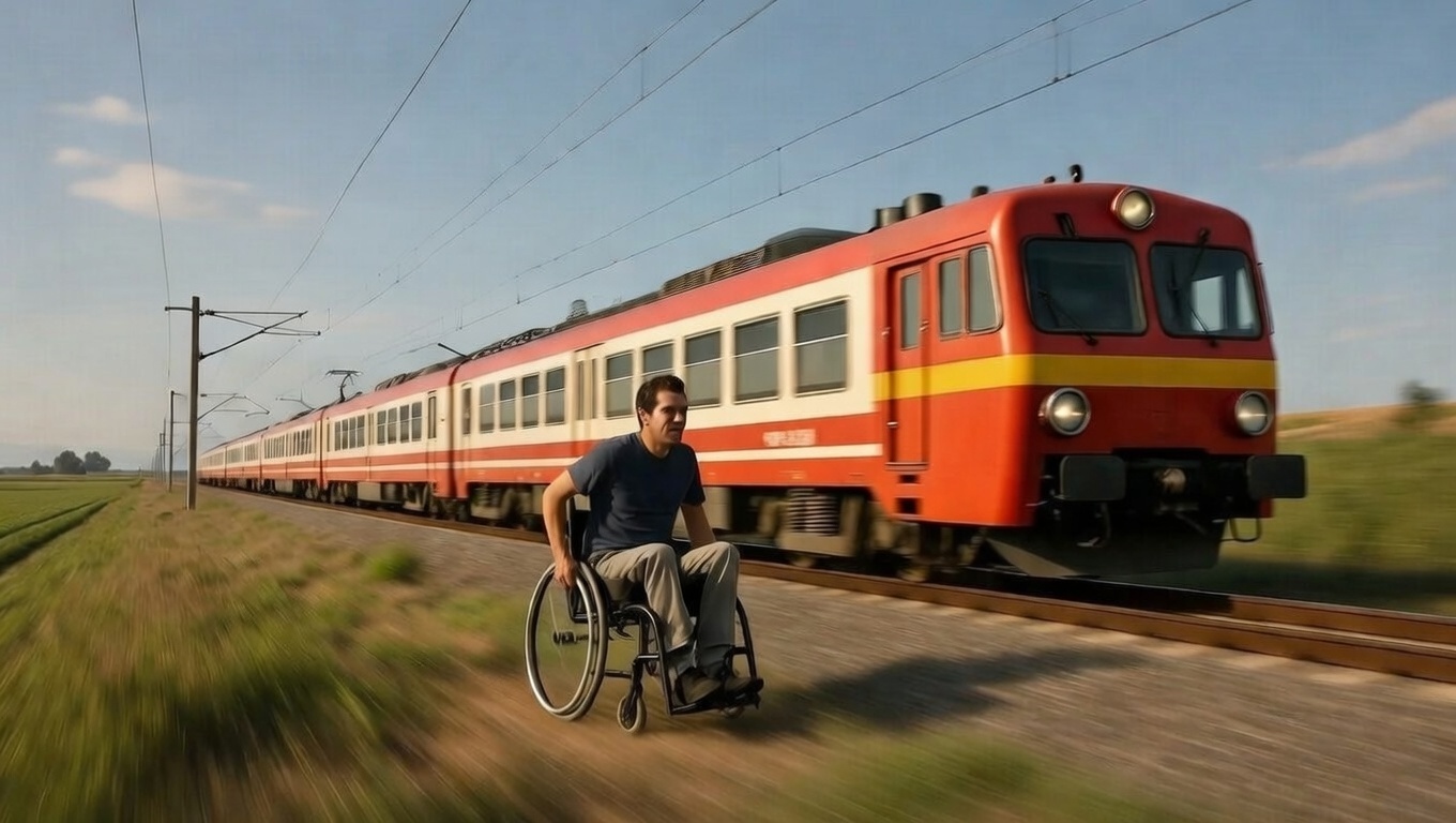 Se viraliza un vídeo de un hombre en silla de ruedas adelantando a un tren de pasajeros